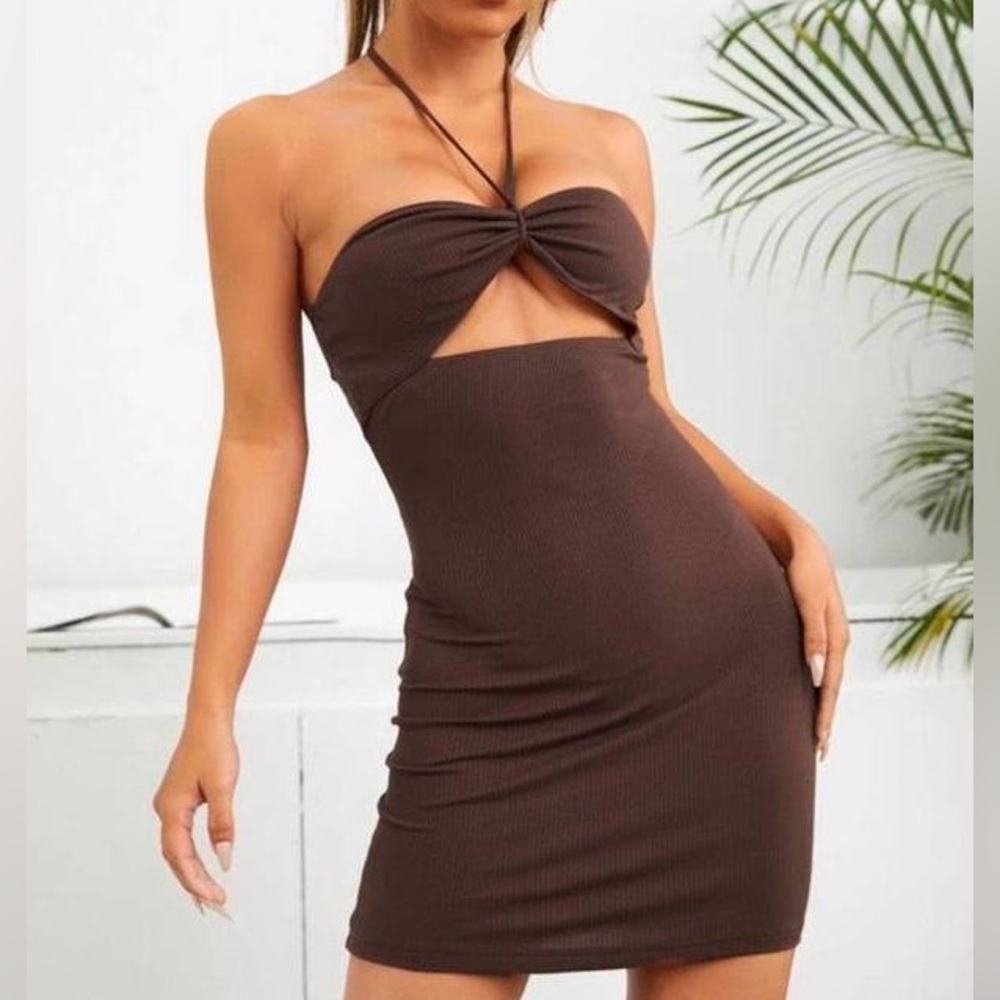 Ribbed brown halter dress